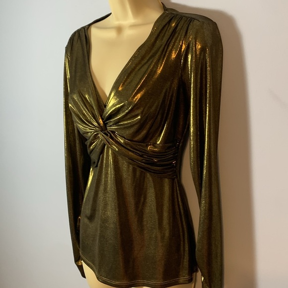Cache liquid gold bronze twist knot front long sleeve metallic vneck blouse SML - Picture 2 of 8